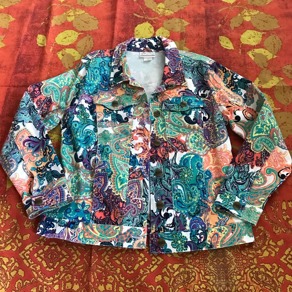 Stretch Paisley Print, denim Jean Jacket by Bend Over, petite medium, colorful